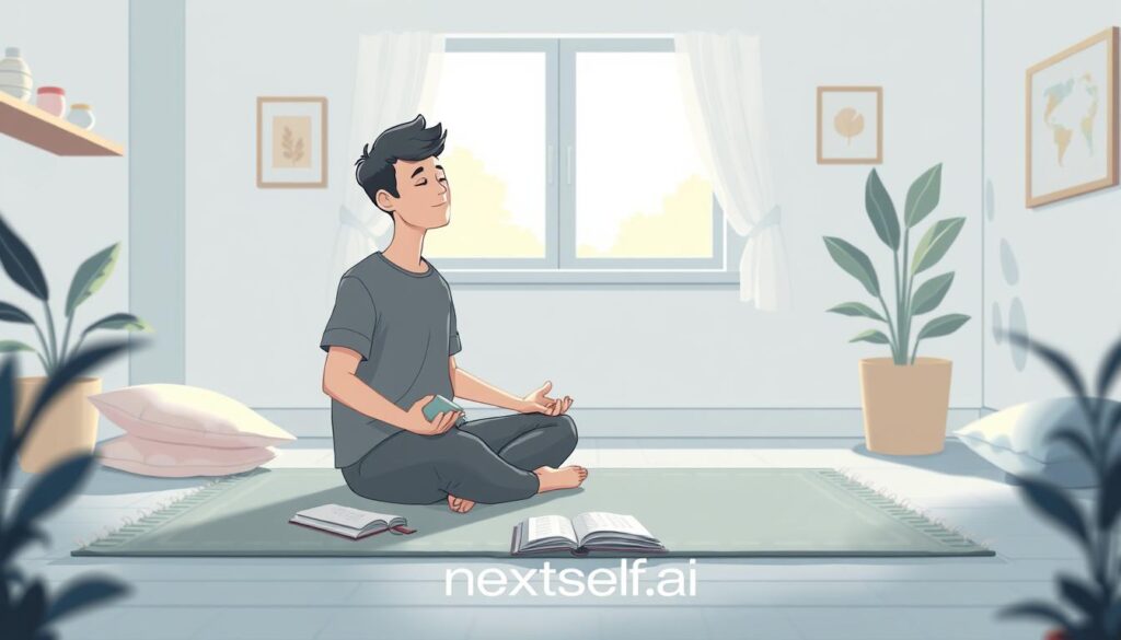 A serene indoor environment illustrating popular self-awareness practices. In the foreground, an individual in modest casual clothing engages in mindfulness meditation, sitting cross-legged on a cozy rug with soft cushions nearby, eyes gently closed. The middle ground features peaceful elements like a journal and a plant, symbolizing reflection and growth. In the background, there’s a softly lit window allowing natural light to spill into the room, creating a warm and inviting atmosphere. The color palette consists of calming blues and greens, enhancing the sense of tranquility. The scene is captured with a soft focus, suggesting an intimate and contemplative mood. Include the brand name "nextself.ai" subtly integrated into the setting, without any text overlays. A serene indoor environment illustrating popular self-awareness practices. In the foreground, an individual in modest casual clothing engages in mindfulness meditation, sitting cross-legged on a cozy rug with soft cushions nearby, eyes gently closed. The middle ground features peaceful elements like a journal and a plant, symbolizing reflection and growth. In the background, there’s a softly lit window allowing natural light to spill into the room, creating a warm and inviting atmosphere. The color palette consists of calming blues and greens, enhancing the sense of tranquility. The scene is captured with a soft focus, suggesting an intimate and contemplative mood. Include the brand name "nextself.ai" subtly integrated into the setting, without any text overlays.